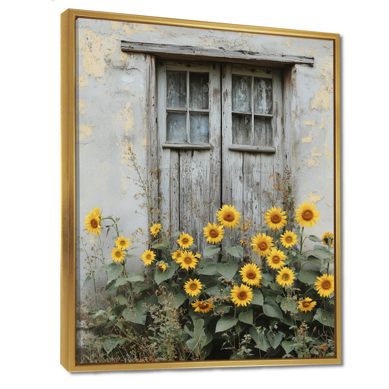 Tournesols de campagne de Gilyard et porte de grange - art encadré de tournesols, H 40 po x l 30 po, Doré