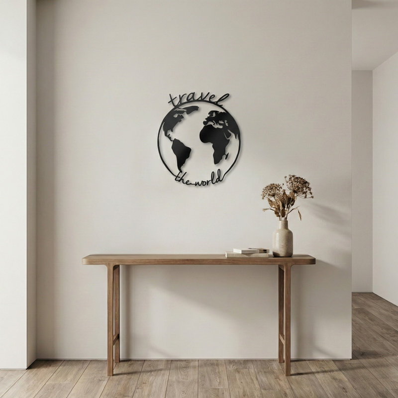 Voyagez dans le monde en métal - décoration murale carte du monde moderne, globe mural en métal noir pour salon, bureau ou entrée