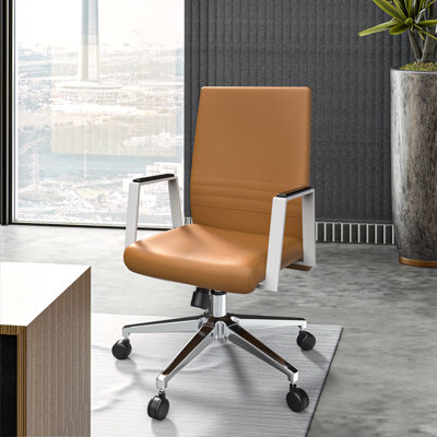 Waide Leather Upholstered Office Chair – Executive Desk & Conference Seating with Fixed Arms, Swivel & Tilt Mechanism, Iron Frame