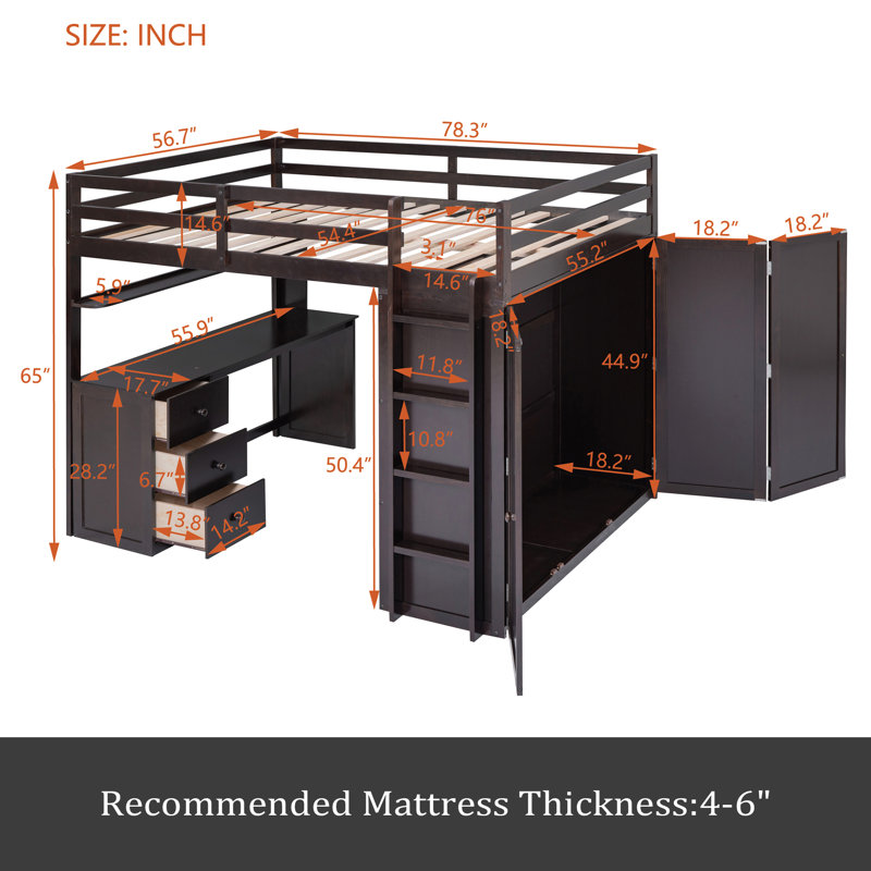 Lit mezzanine avec tiroirs, bureau et garde-robe, Lit double, Espresso