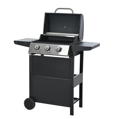 ZHOWI 3-Burner Propane Gas Grill with Side Shelves and Wheels, Outdoor BBQ Liquid Propane Grill in Black