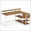Bureau de bureau en L de 55 pouces avec élévateur de moniteur, tiroirs et tablettes de rangement, bureau d'ordinateur de coin pour les petits espaces, table d'écriture de style maison de campagne
