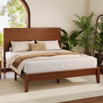 Handcrafted Japanese Joinery Solid Wood Platform Bed Frame with Headboard and Wooden Slats
