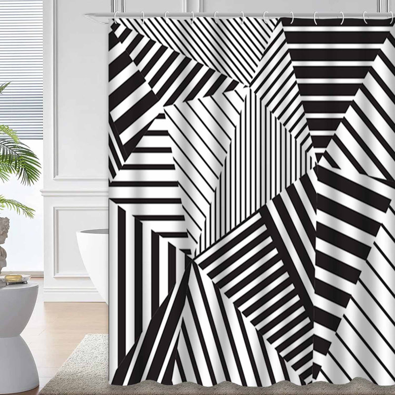 Rideau de douche abstrait géométrique noir et blanc avec 12 crochets, L 72 po x l 72 po