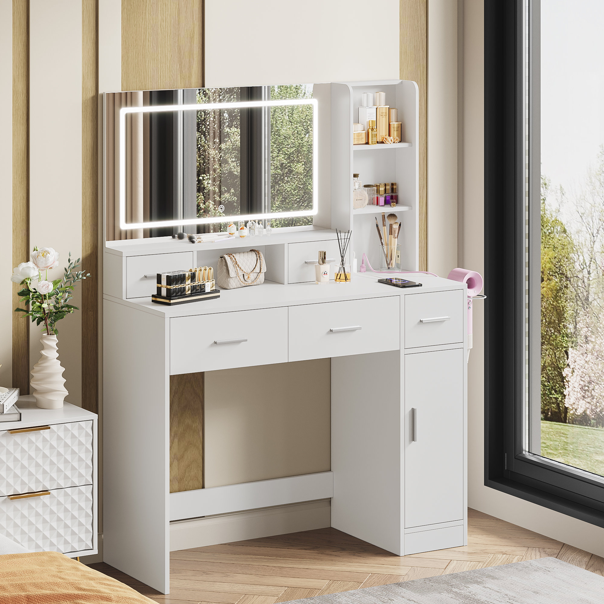 Ebern Designs Makeup Vanity with Lights, Bedroom Vanity Desk with Light