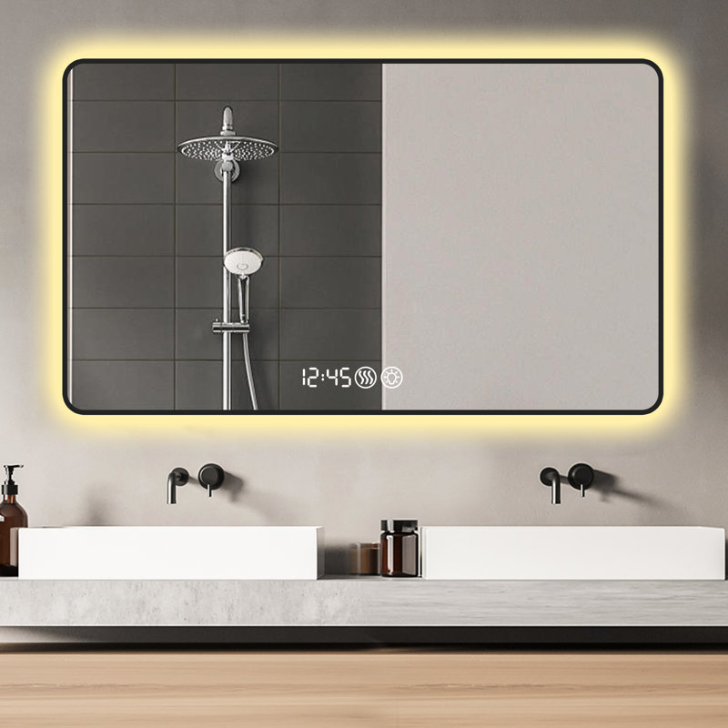 Miroir mural de salle de bain 48X32 noir - Affichage de la température, ajustements tricolores, désembuage, indication aluminium, verre
