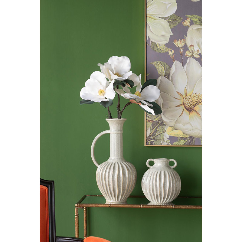 Decorative Round Ceramic Flower Vase with Small Handles and Textured Motif - 9" x 9" x 10" - Gold