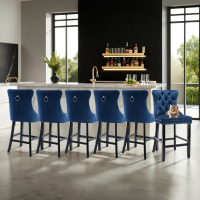 Velvet Barstools Upholstered With Button Tufted Nailhead Trim(Set of 6)