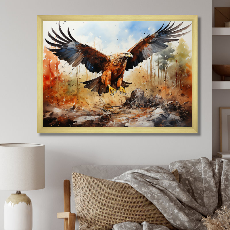 Aigle en vol chasse sur toile, Cadre doré simple, H 12 po x l 20 po x P 1 po