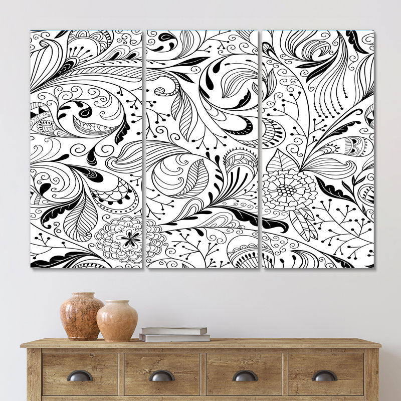 " Black And White Floral Pattern " 3 - Pieces, 36" H x 28" W x 1" D