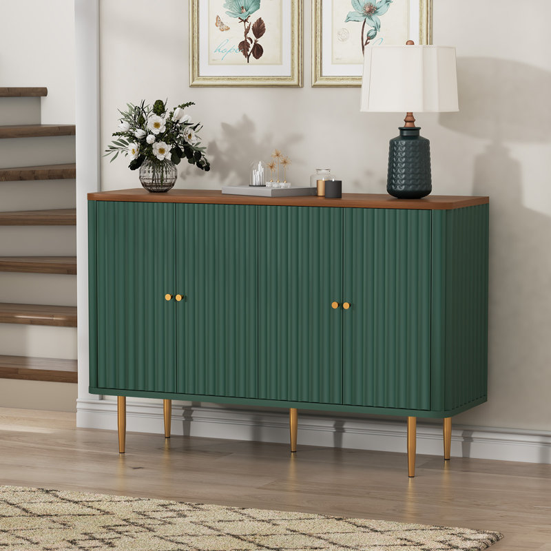 Buffet 48 po, crédence de rangement 4 portes cannelée avec tablettes réglables et pieds dorés, console moderne pour vestibule, salle à manger, salon