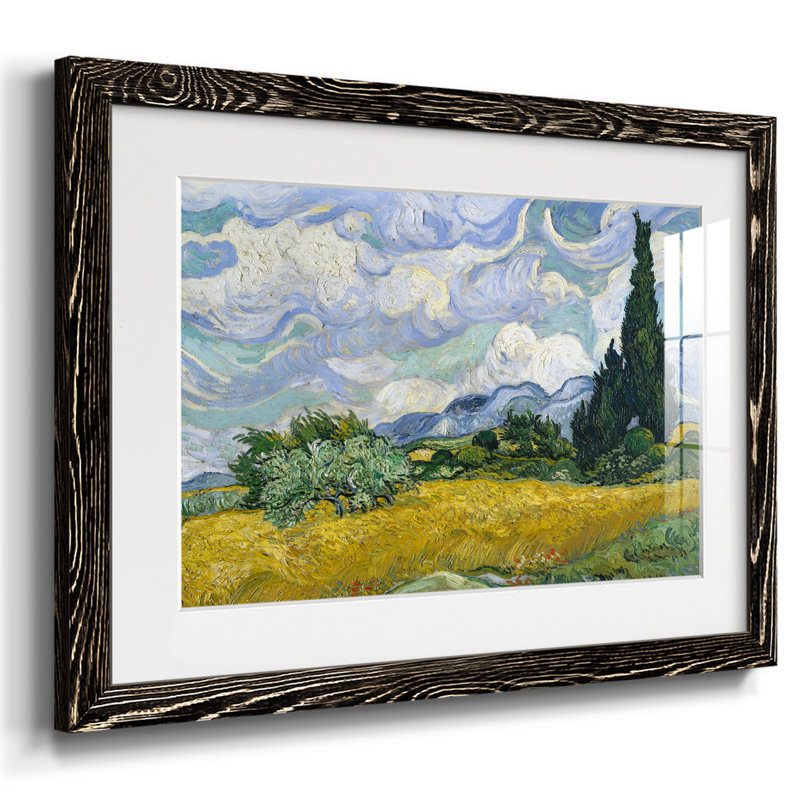 Champ de blé avec cyprès - reproduction encadrée rustique avec tableau mat, Noir, H 18 po x l 26 po x P 1,5 po