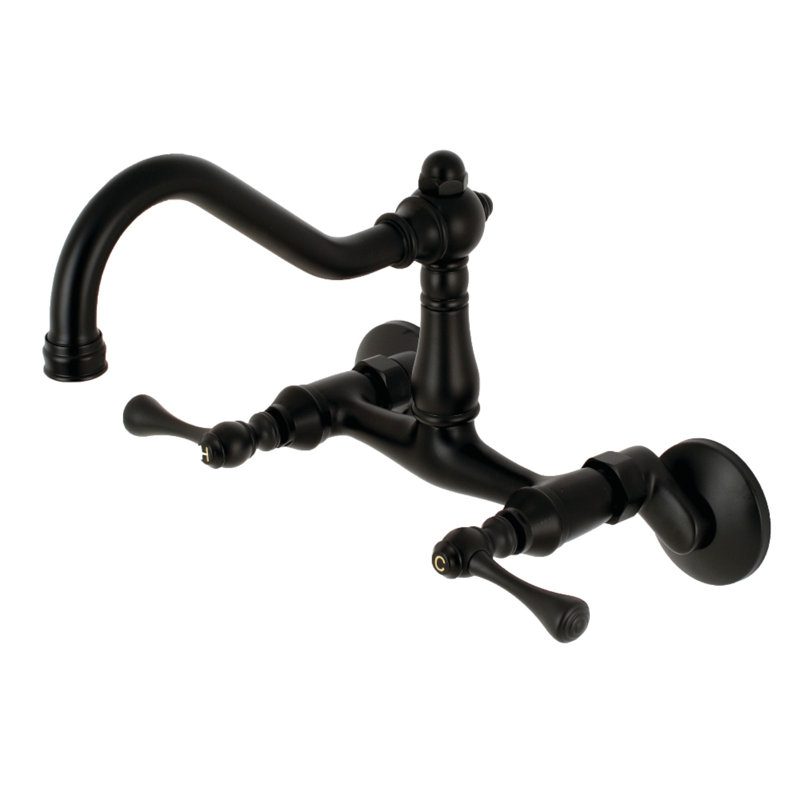 Kingston Brass Vintage Double-Handle 2-Hole Wall-Mount Bridge Kitchen Faucet, Matte Black