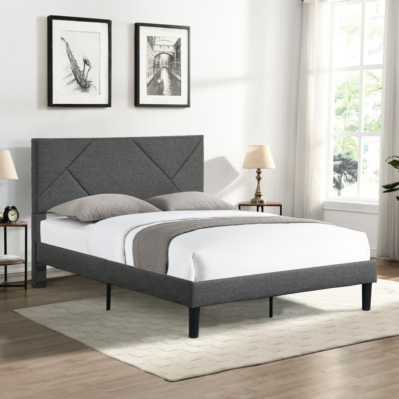 Lit double tapissier pleine grandeur avec tête de lit - sommier à lattes en bois robuste sans sommier gris Assemblage simple requis Plateforme de soutien puissante Pratique