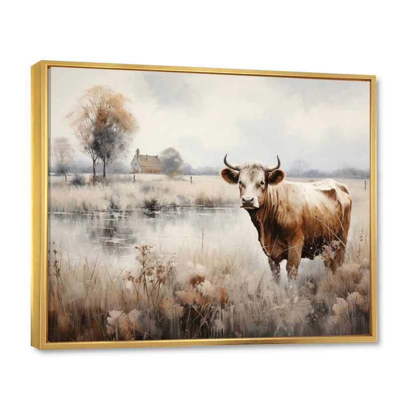 Cow In The Meadow II - Animals Wall Decor, H 30 po x l 40 po x P 1,5 po, Cadre flottant doré