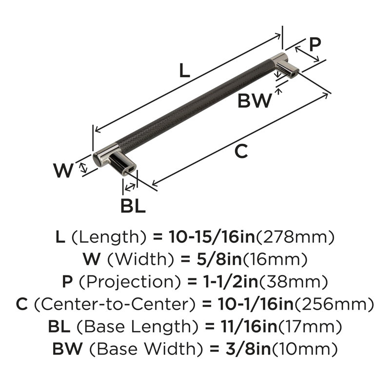 Esquire 10-1/16 inch (256mm) Center-to-Center Polished Nickel/Gunmetal Cabinet Pull, 10 1/16", Polished Nickel/Gunmetal