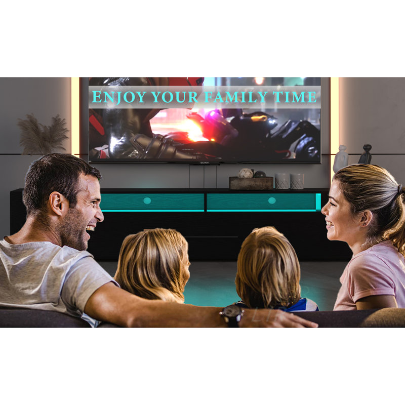 Console de télévision moderne à DEL avec rangement, télécommande et éclairage RVB contrôlé par une application pour téléviseurs de 80 pouces, meuble télé