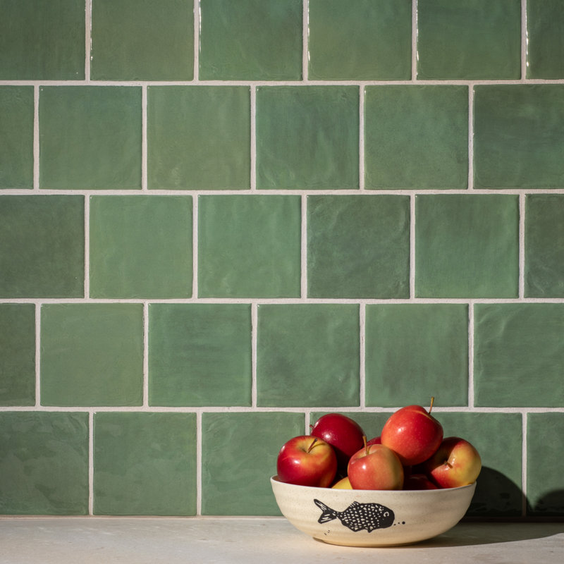 Harvest 4"x4" Greens Gloss Glazed Ceramic Wall Tile, Greens Gloss