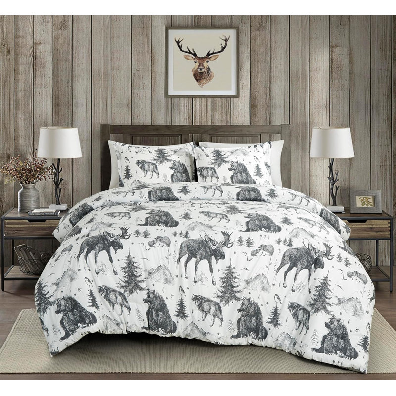 Evans Grizzly Bear Wolves Moose Cabin Lodge Comforter Set, Twin Comforter + 1 Standard Sham