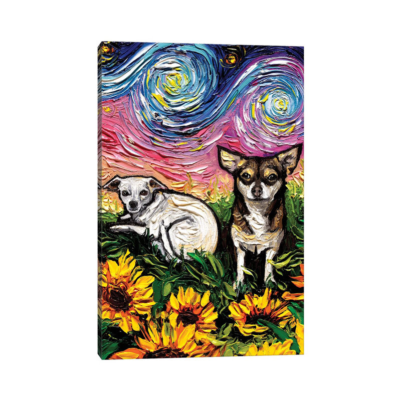 « Two Chihuahua Night » par aja Trèves, reproduction d’art, H 12 po x l 8 po x P 0,75 po, Toile tendue, Pas de tapis