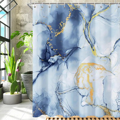 Blue Marble Shower Curtain With Gold Stripes - Waterproof Polyester Fabric Bathroom Curtain With Rust-Proof Grommets And Hooks, HD Digital Printing For Long-Lasting Colour