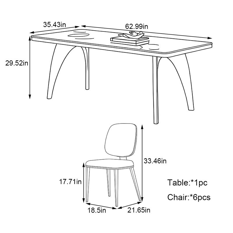 Minimal rectangular rock plate dining table set, 29.52"H x 62.99"L x 35.43"W