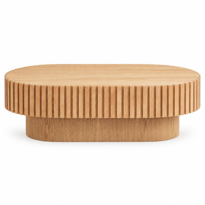 Table basse ovale en panneau de fibres à densité moyenne avec rainure cannelée et base piédestal épaisse, table d'appoint contemporaine de 43,11 pouces pour le salon, la chambre à coucher, un appartement ou un bureau - Bois
