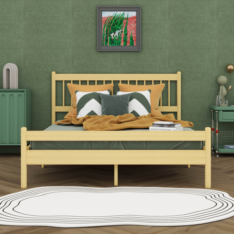 Cadre de lit de style traditionnel avec tête et pied de lit, cadre de lit plateforme avec support à lattes de bois, Naturel