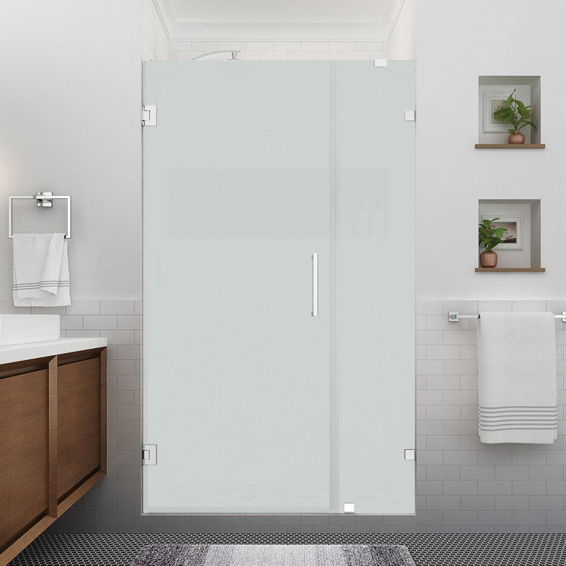 Nautis XL 44.25" W x 80" H Hinged Frameless Shower Door with Ultra-Bright Frosted Glass, Chrome