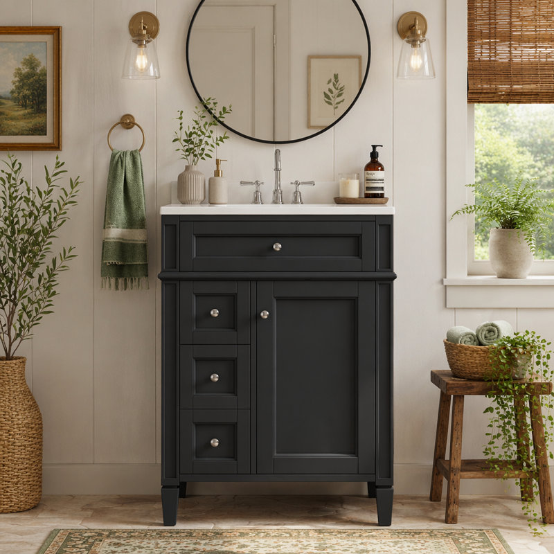 Meuble-lavabo 24 po avec lavabo supérieur, meuble-lavabo moderne avec 2 tiroirs et un tiroir basculant, meuble-lavabo simple