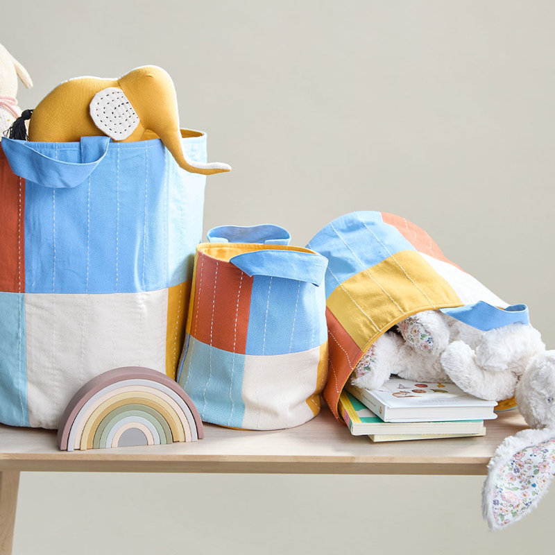 Checkered Fabric Storage Bin, 11" H x 9" W x 9" D, Orange/Yellow/Blue/White
