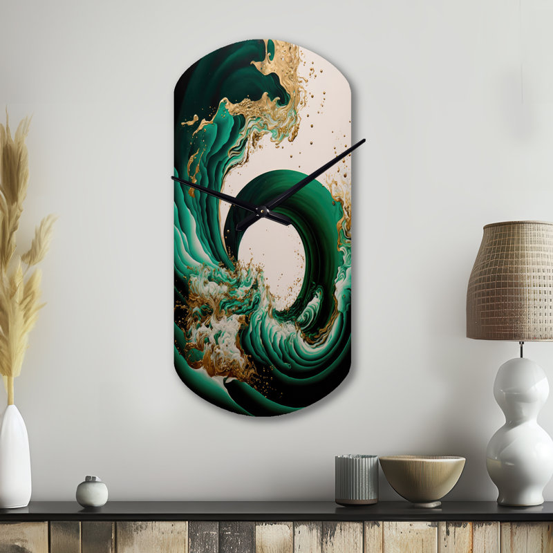 Grande horloge murale émeraude verte et or abstraite vagues IV - forme cylindrique verte, Petit