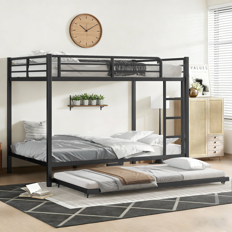 Full over Full Bunk Bed with Twin Trundle for 3 Kids Teens, Affordable Bunk Bed Frame with High Rails/ for Small Room & Guest Room, Simple Design & Easy assembly, Black