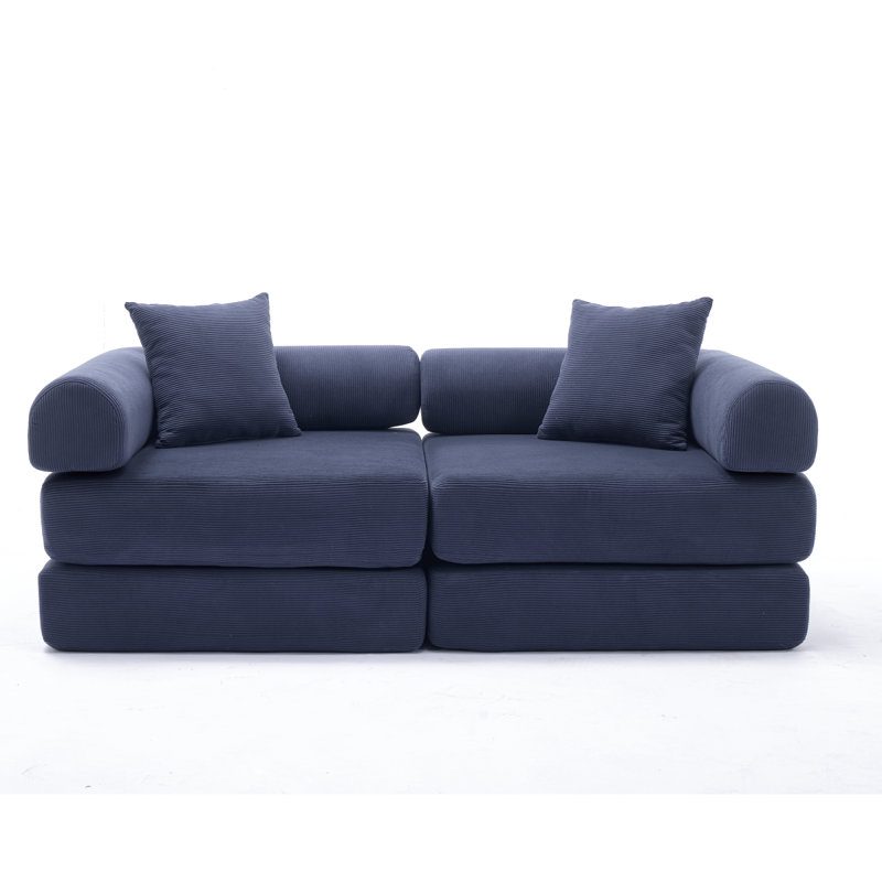 Modular Couch Sofa Bed For Apartment,Convertible Sofa Bed,Fixed-Shape Frame & Removable Armrests,Folding Mattress Couch For Small Spaces ,No Assembly ,Corduroy,Blue