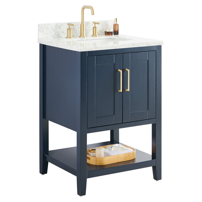 Meuble-lavabo 24 po avec plateau en marbre de Carrare et vasque en céramique Jearold, Marine