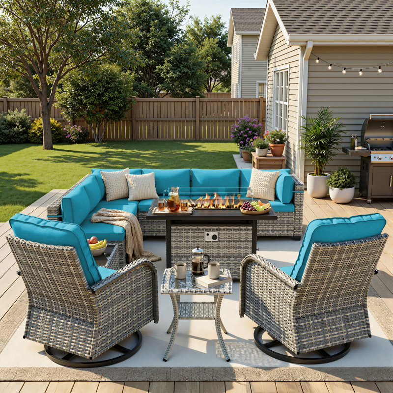 11-Piece Outdoor Patio Conversation Set With Propane Fire Pit Table, 7-Piece Wicker Sectional Sofa & Coffee Table, 2 Swivel Rocking Chairs & Side Table