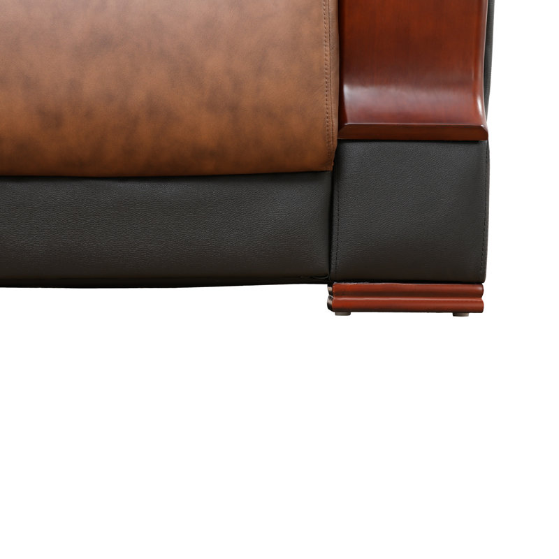 3 - Piece Premium Cowhide Genuine Leather Living Room Sofa Set, Black/Brown Genuine Leather
