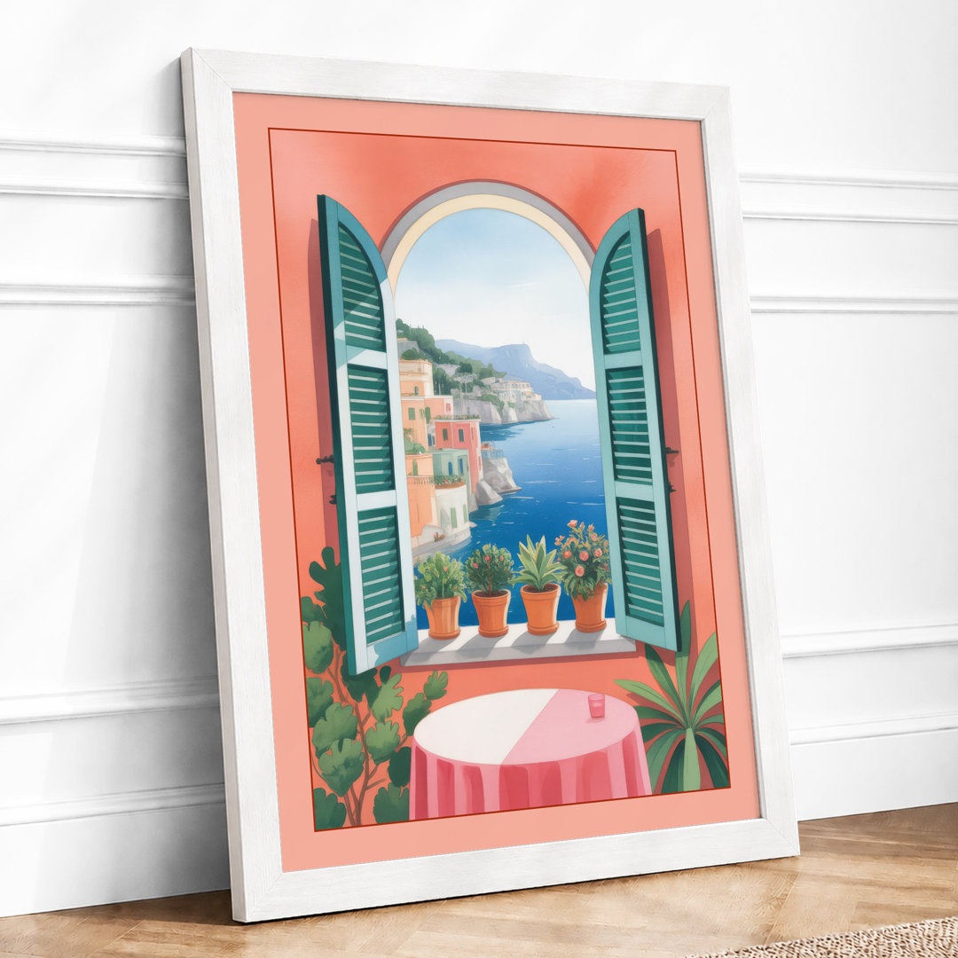 Mediterranean Window View Coastal - Framed Print