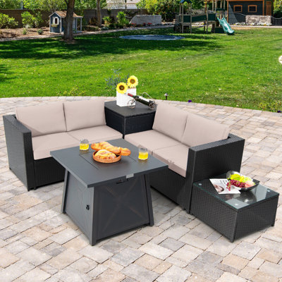 Zhou 5 Piece Rattan Sofa Seating Group with Cushions Fire Pit