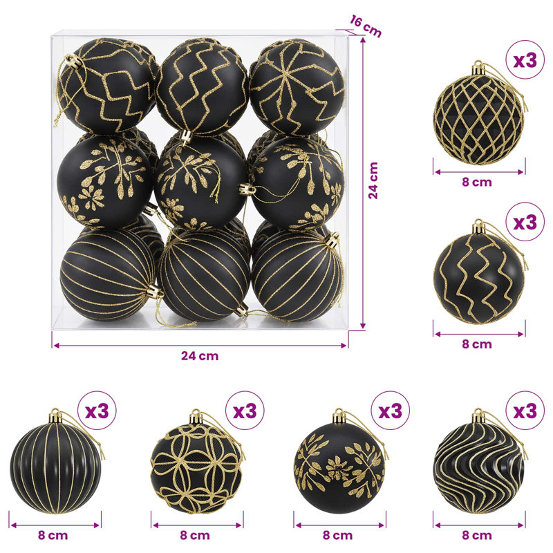 Polystyrene Bauble, Black, Gold, 18