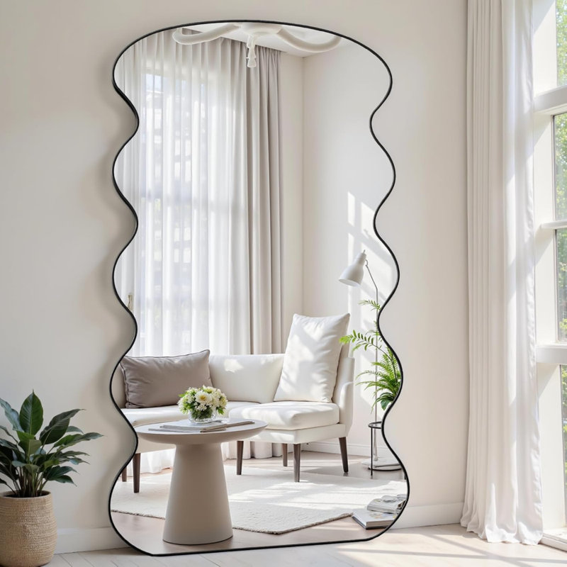 Wavy Arched Full Length Floor Mirror with Stand, Freestanding or Wall Mounted Full Body Mirror for Bedroom, Living Room, or Cloakroom