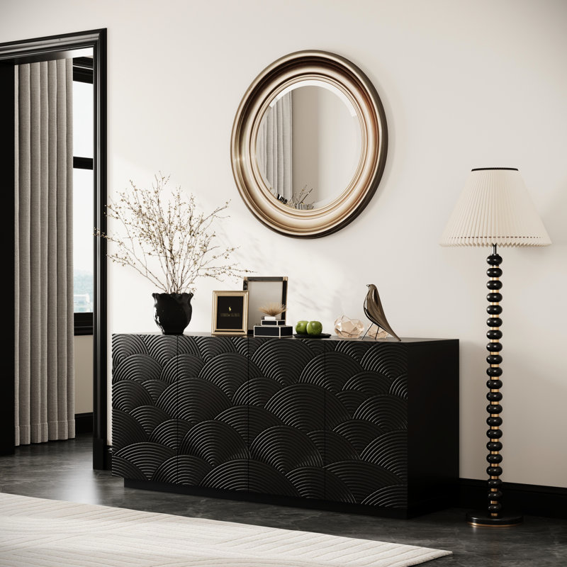 Buffet moderne avec une conception unique de l'eau, finition noire, 4 portes, idéal pour le salon Buffet élégant - aux lignes et aux vibrations minimalistes, amplement d'espace de rangement