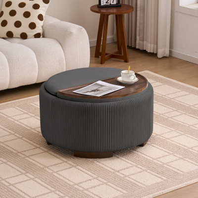 Modern Round Storage Ottoman with Half-half Split Wooden Tray