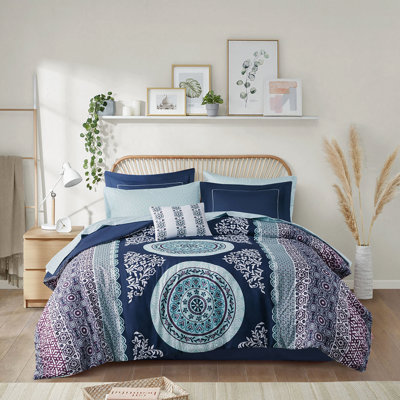 Ensemble d'édredon pour lit simple et ensemble de draps - imprimé médaillon bleu marine, taies décoratives brodées, édredon doux et complet, ensemble de literie, coussin décoratif, confortable