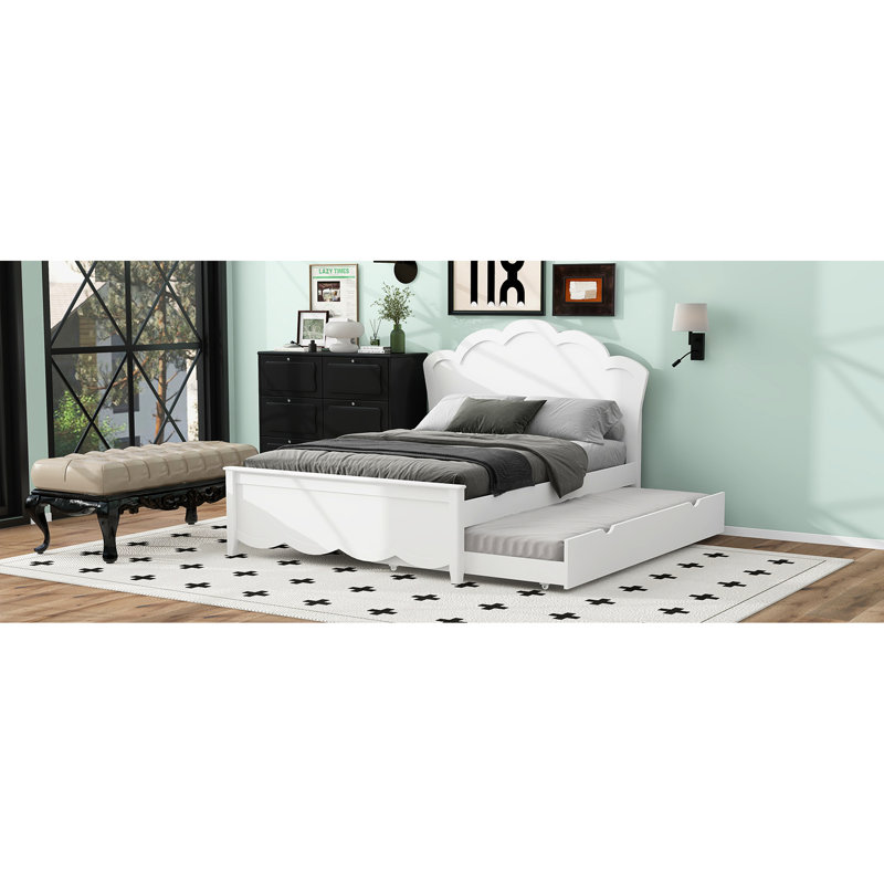 Full Size Wood Platform Bed With Headboard & Twin Trundle, White - No Box Spring, Long-Lasting Build Quality Long Lasting