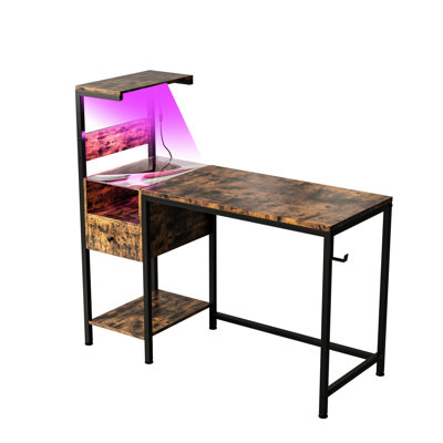 Brown Computer Desk With Charging Station & Shelf Space, Reversible Alignment, Construction, Led Lights, Ports, Headphone Hook Supplement For Office Work, Brown, Power Outlet Storage, Shelves,