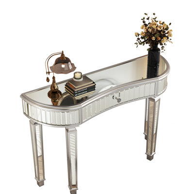 47" Semicircular Mirrored Console Table For Bedroom/dressing Room, Fluted Glass Panel, Crystal Knob Drawer, Grey+silver, Hardwood Frame, Space - Saving Layout Bedroom Or Dressing Featuring And