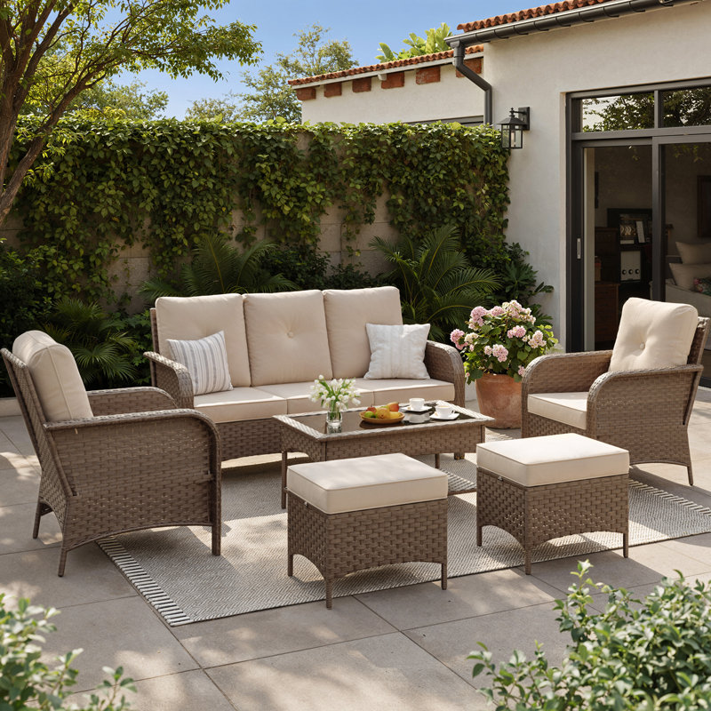 Ensemble de conversation de patio 6 pièces, ensemble de meubles de patio en osier toutes saisons avec cadre en acier, repose-pieds multi-usage et table basse de rangement pour la cour, le porche, le jardin