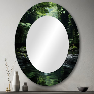 Miroir décoratif ovale en métal Waterfall Hidden Oasis Forest II - Paysages