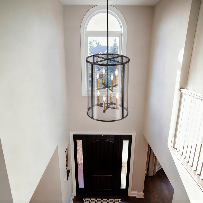 8-Light Dimmable Black Gold Glass Drum Chandelier